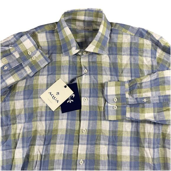 Aqua Other - Toscano Aqua Men's Linen Gingham Plaid Button Up Shirt Blue Green Men's 2XL